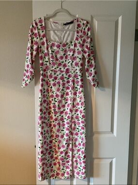 Zara White Midi Dress with Pink Floral Print